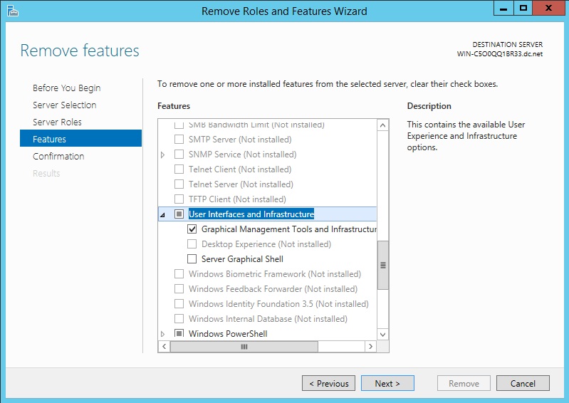 Using the Remove Roles and Features Wizard to Configure Windows Server Management Interfaces
